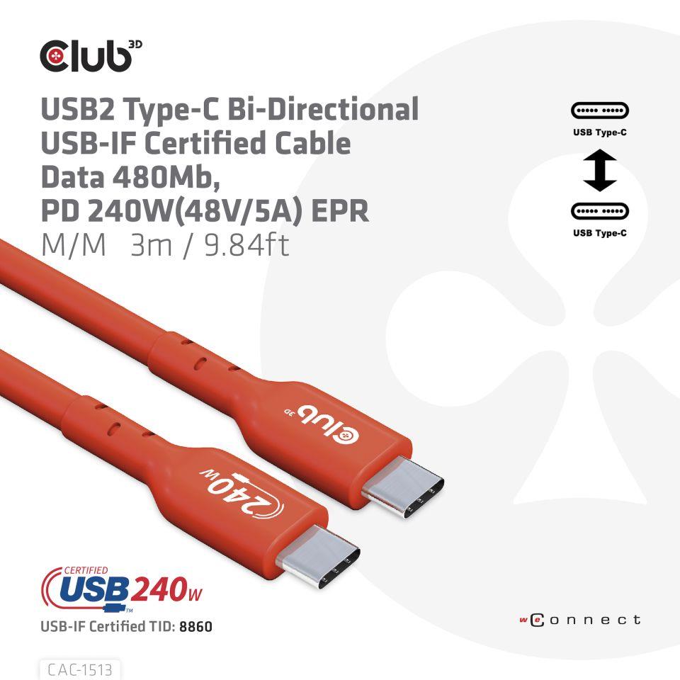 CABLE USB-C TO USB-C 3M/M/M CAC-1513 CLUB3D