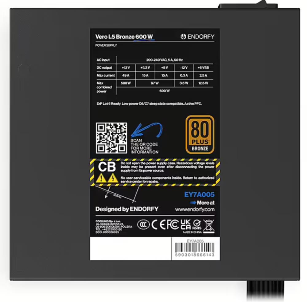 ENDORFY Vero L5 Bronze 600 W 600 Watts Efficiency 80 PLUS BRONZE