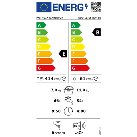 Hotpoint Washing Machine With Dryer NDD 11725 BDA EE Energy efficiency class E