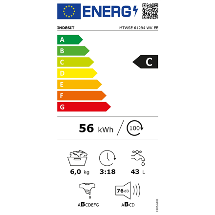 INDESIT Washing machine MTWSE 61294 WK EE Energy efficiency class C