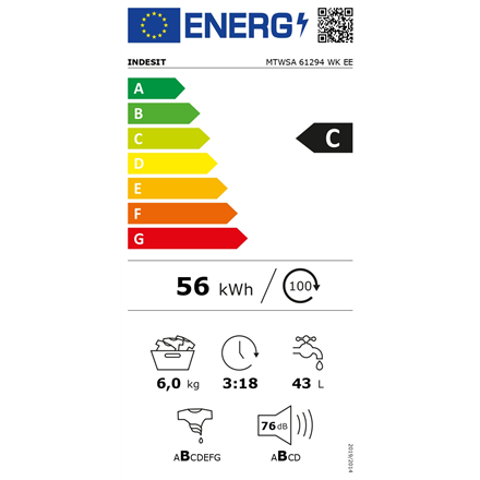 INDESIT Washing machine MTWSA 61294 WK EE Energy efficiency class C