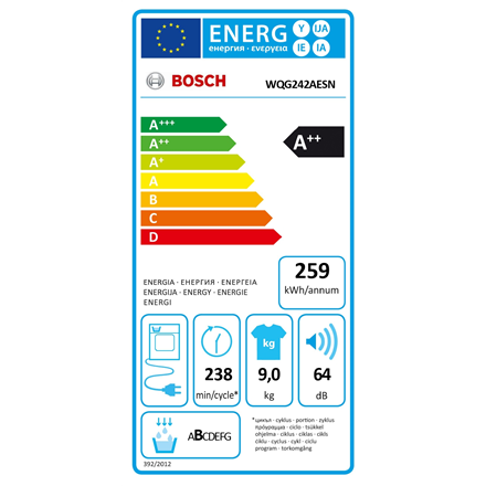 Bosch Dryer machine with heat pump WQG242AESN  Energy efficiency class A++ Front loading 9 kg LED De