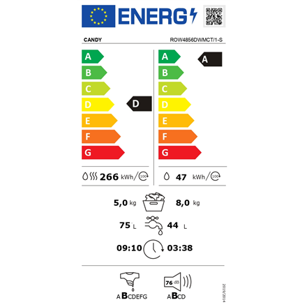 Candy Washing Machine with Dryer ROW4856DWMCT/1-S Energy efficiency class A Front loading Washing c