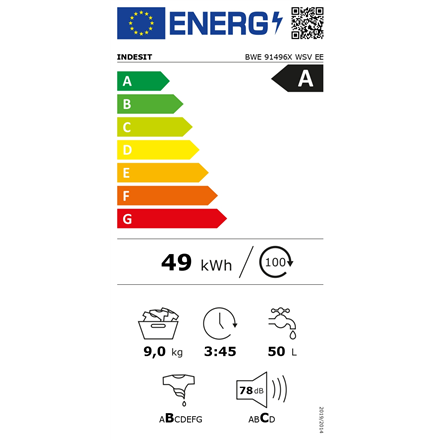 INDESIT | Washing Machine | BWE 91496X WSV EE | Energy efficiency class A | Front loading | Washing 