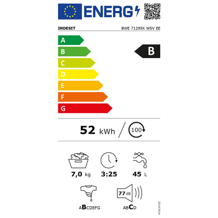 INDESIT Washing machine BWE 71295X WSV EE Energy efficiency class B Front loading Washing capacity 7