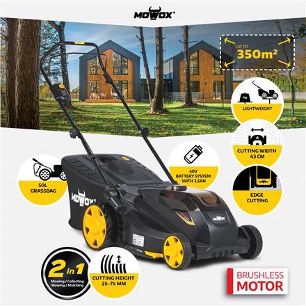 MoWox | 40V Comfort Series Cordless Lawnmower | EM 4340 PX-Li | Mowing Area 350 m² | 2500 mAh | Bat