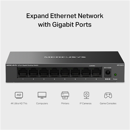 Mercusys 8-Port Gigabit Desktop Switch | MS108GS | Unmanaged | Desktop | Gigabit Ethernet (copper) p