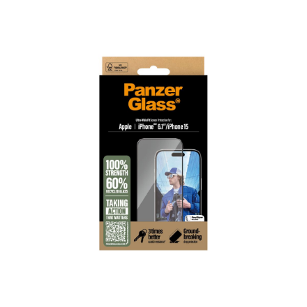 PanzerGlass Screen protector | Apple | iPhone 16/iPhone 15 | Glass | Transparent | Ultra-Wide Fit