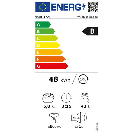 Whirlpool Washing Machine | TDLRB 6251BS EU | Energy efficiency class B | Top loading | Washing capa