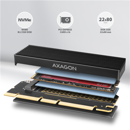 AXAGON PCI-Express x16 adapter with cooler for connecting an NVMe M.2 SSD drive to a computer | PCEM