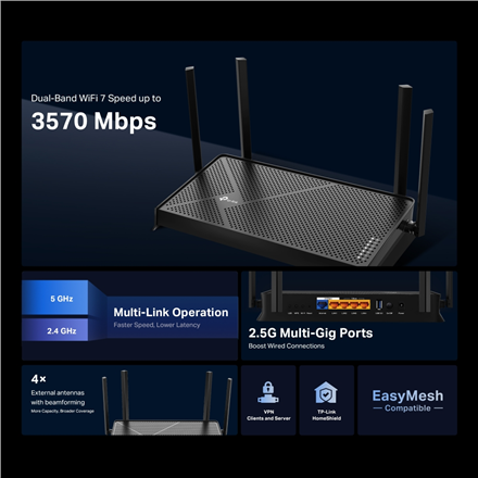 TP-LINK Dual-Band Wi-Fi 7 Router | Archer BE3600 | 802.11be | 2882 Mbit/s | Mesh Support No | MU-MiM