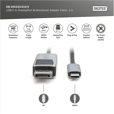 Digitus Bi-directional Adapter Cable | DB-300334-010-S | USB-C to DisplayPort