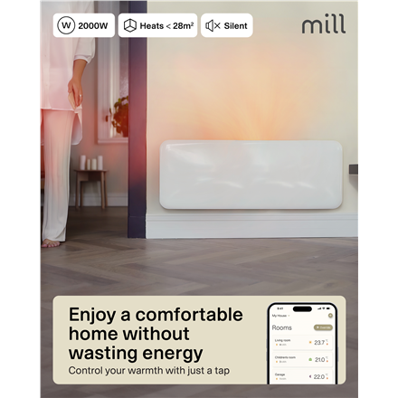 Mill Invisible Smart WiFi Heater | PA2000WIFI4 | Panel Heater | 2000 W | Suitable for rooms up to 24