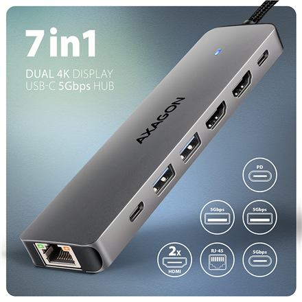 AXAGON USB-C 5Gbps DUAL 4K DISPLAY 7in1 Hub | HMC-7HX2