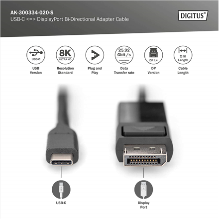 Digitus | Bi-Directional Adapter Cable 2 m | AK-300334-020-S | USB Type C to DisplayPort