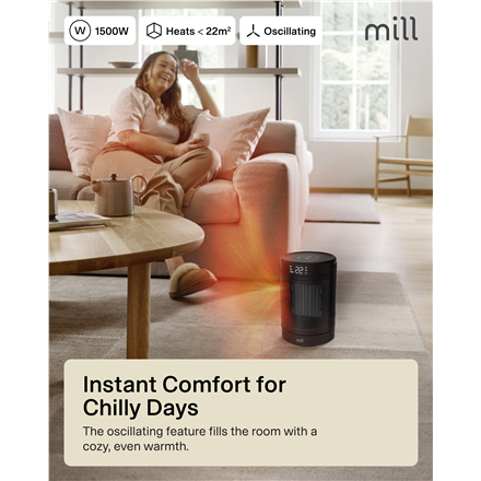 Mill FH1500BLACK | Ceramic fan heater | 1500 W | Suitable for rooms up to 22 m² | Black