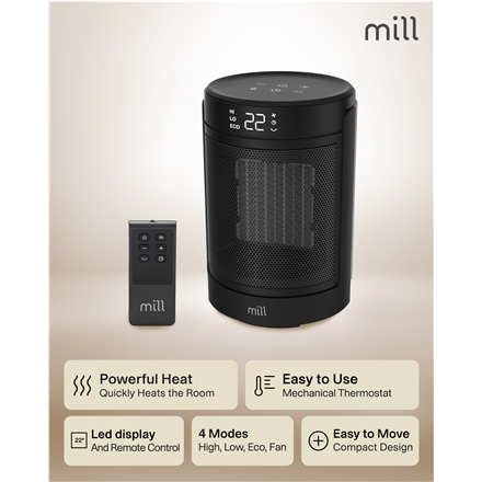 Mill FH1500BLACK | Ceramic fan heater | 1500 W | Suitable for rooms up to 22 m² | Black