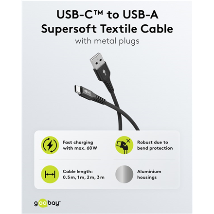 Goobay USB-C to USB-A Supersoft Textile Cable with Metal Plugs | 74526 | USB-C to USB-A