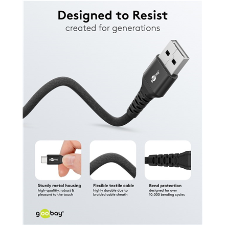 Goobay USB-C to USB-A Supersoft Textile Cable with Metal Plugs | 74526 | USB-C to USB-A