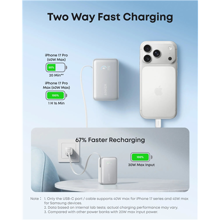 Anker Nano Power Bank 45W with Built-In Retractable USB-C Cable | A1638H21 | 10000 mAh | White