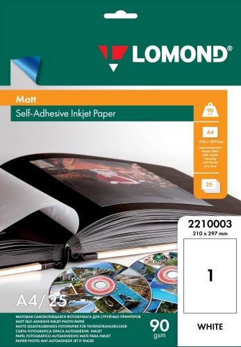 Lomond Self Adhesive Inkjet Photo Paper Matte A4, 25 sheets