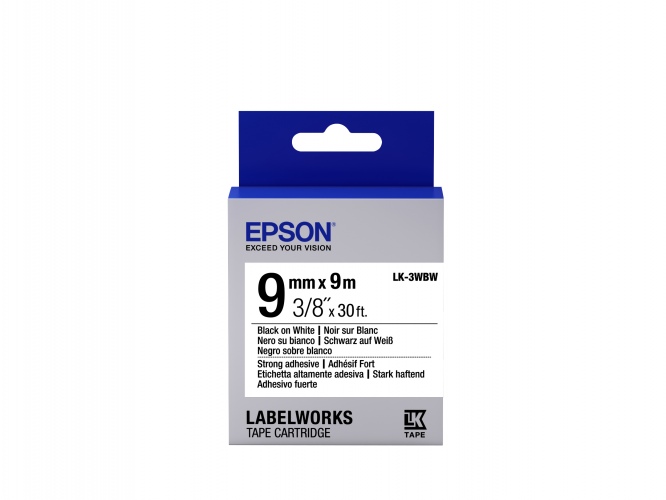Epson LK-3WBW (C53S653007) Label Tape Cartridge, Strong Adhesive, Black on White 9mm, 9m