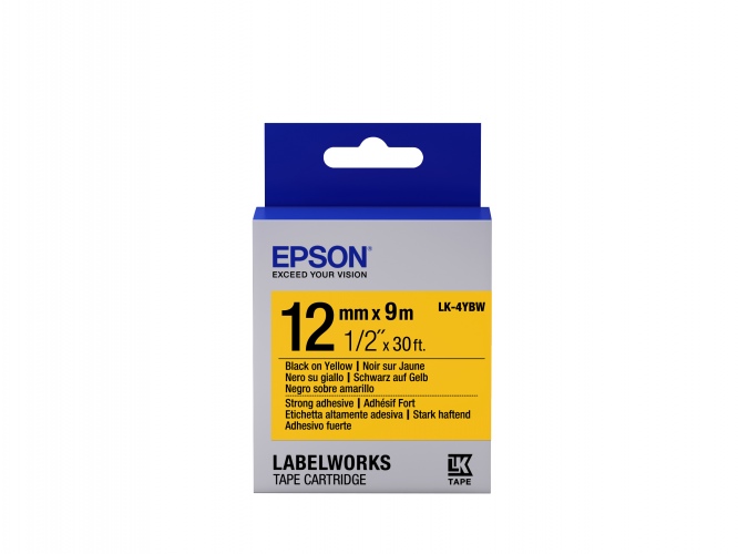 Epson LK-4YBW (C53S654014) Label Tape Cartridge, Strong Adhesive, Black on Yellow (12mm, 9m)