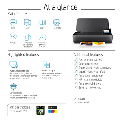 HP OfficeJet 250 Mobile All-in-One Spausdintuvas rašalinis Colour MFP A4 10 ppm USB Wi-Fi Bluetooth