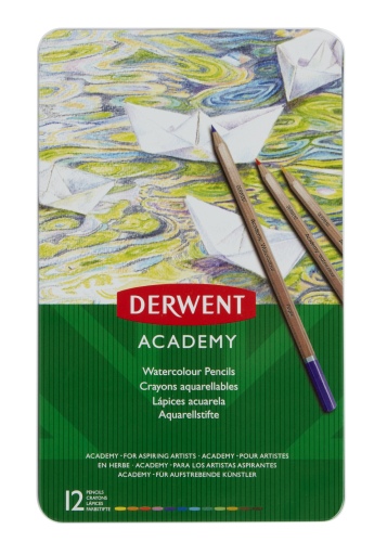 Derwent Academy Watercolour Pencils 12 colours, Tin box