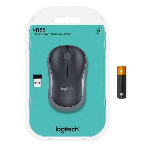 Logitech M185 Wireless Mouse, RF Wireless, 1000 DPI, Black/Grey