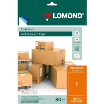 Lomond Self-Adhesive Paper Universal Labels, 1/210x297, A4, 50 sheets, Orange neon