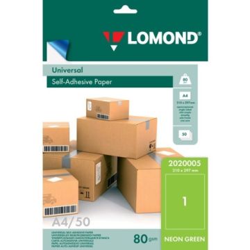 Lomond Self-Adhesive Paper Universal Labels, 1/210x297, A4, 50 sheets, Green neon