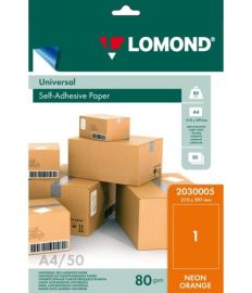 Lomond Self-Adhesive Paper Universal Labels, 1/210x297, A4, 50 sheets, Orange neon