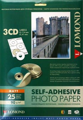 Lomond Self Adhesive Inkjet Photo Paper Matte A4, 25 sheets x3CD 114/41mm