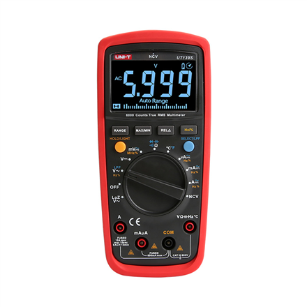 UNI-T UT139S True RMS Digital Multimeter with Analog Bar Graph, 600 V AC/DC, 10 A AC/DC, 60 MΩ, 100 mF, 10 mHz, -40 to 1000 °C